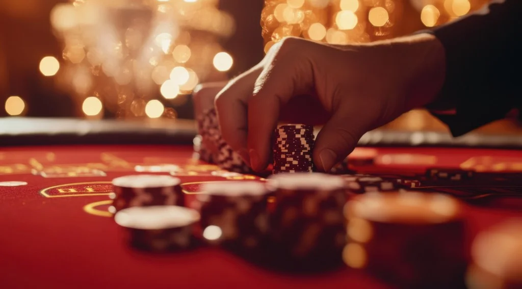 Close-up of a hand placing black and white casino chips on a red felt baccarat table with warm golden bokeh lights in the background
