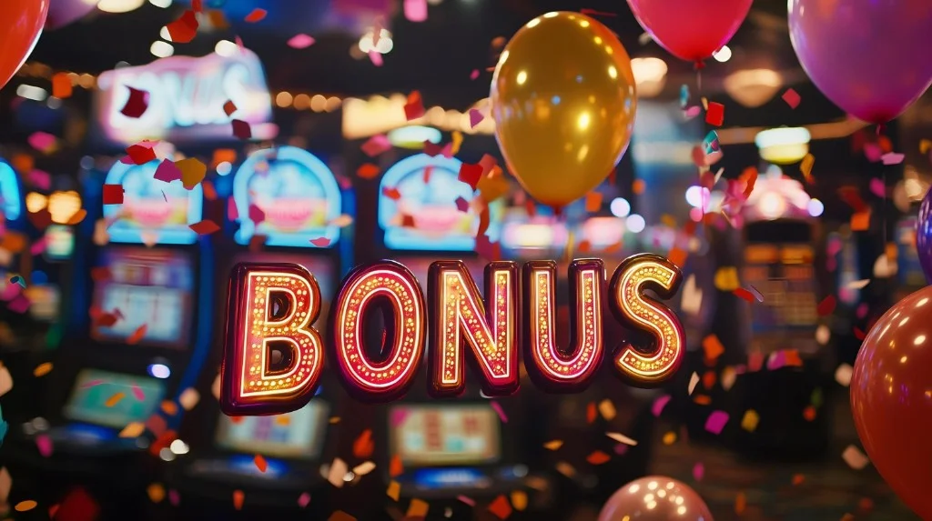Glowing BONUS marquee sign with balloons and confetti over a blurred casino slot floor — RA88 Malaysia free credit promotions