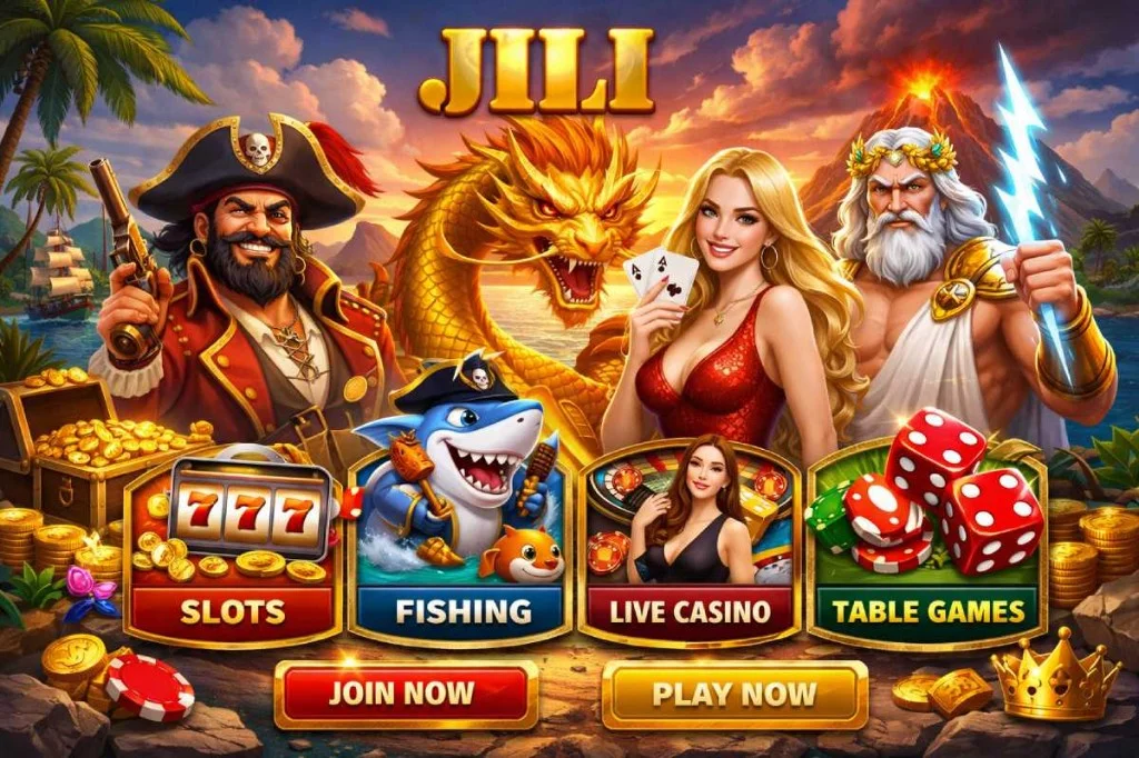 JILI brand banner with slots, fishing, live casino, and table-games art on a tropical gold-coin background